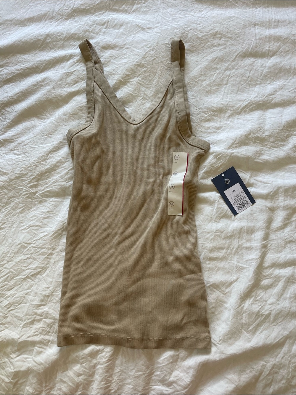 Beige Ribbed V-Neck Tank Top